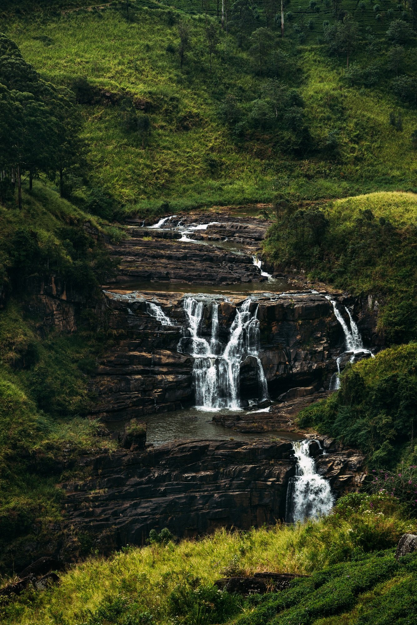 Waterfall among the green mountains. Waterfalls Of Sri Lanka. Landscapes Of Asia